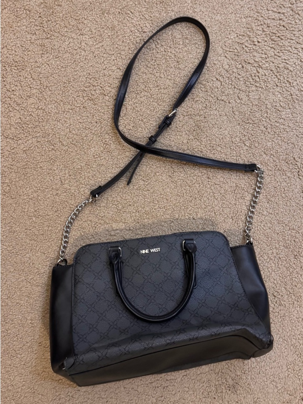 Nine West Black Textured Satchel Purse with Chain Strap